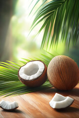 Coconut and Palm Leaves on Wooden Surface in Tropical Sunlight, Nature and Freshness, Exotic Environment Concept
