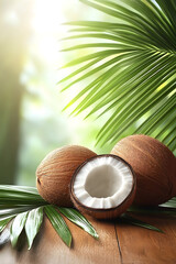 Coconut and Palm Leaves on Wooden Surface in Tropical Sunlight, Nature and Freshness, Exotic Environment Concept 3