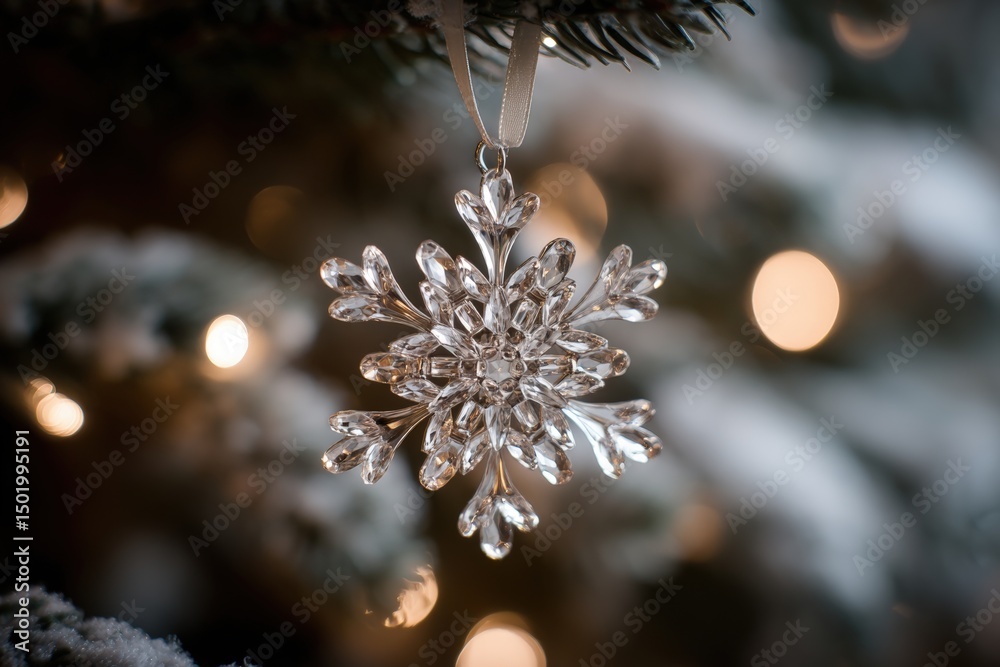 Wall mural close-up of a white snowflake ornament hanging on a green christmas tree with soft bokeh lights.