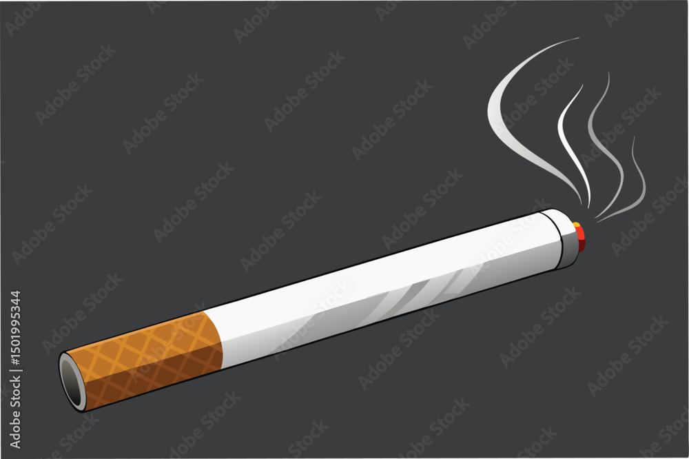 Poster vector illustration of a cigarette with smoke rising on a simple background, representing smoking cu