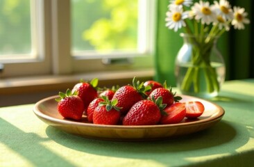 Fresh red strawberries on a wooden plate. A vase with daisies is visible in the background. Natural light illuminates the scene, creating a vibrant atmosphere.
