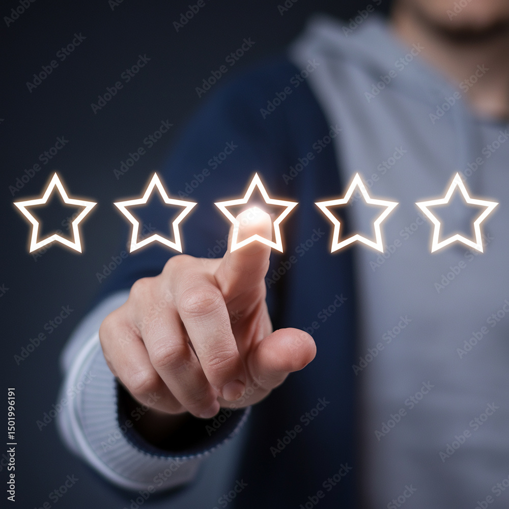 Poster person rating with glowing stars using their finger on a dark background close up shot in studio lig