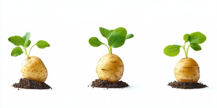Potatoes with sprouts growing in soil isolated on white background