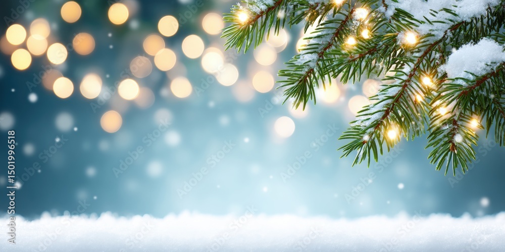 Wall mural snow-covered pine branches with warm bokeh lights in the background, creating a festive winter ambia