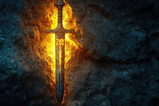 A glowing sword with runes, embedded in stone with fiery light, suggesting power, magic, and a legendary quest.