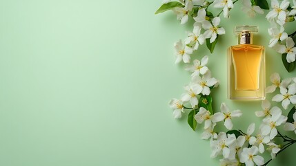 Perfume bottle surrounded by spring blossoms on a mint green background.
