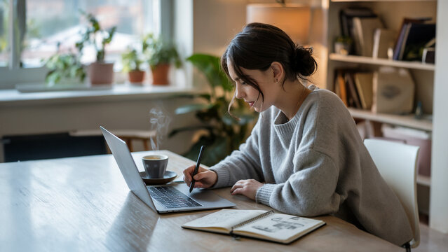 Young woman working from home with laptop and stylus – remote work, creativity, and productivity in cozy workspace