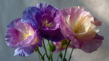   A group of purple and yellow flowers in a white-walled glass vase on a table