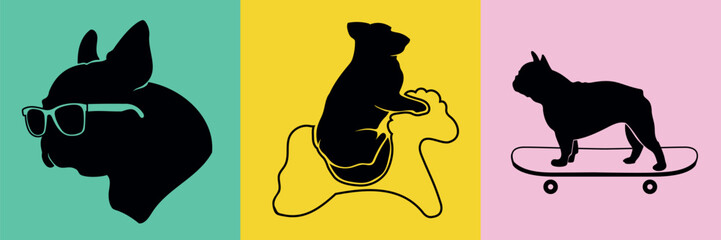Set of vector square stickers. Black silhouettes of dogs in sunglasses riding a skateboard and a carousel on a bright background. Add some lighthearted fun to your animal-themed projects.