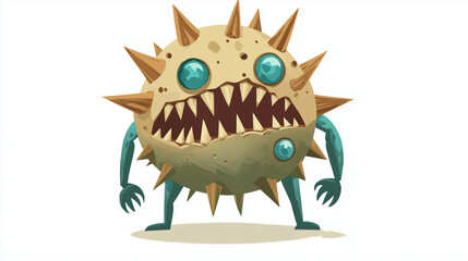 A stylized cartoon virus with exaggerated round body, face and spikes, centered on a white background.