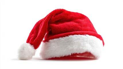 Red Santa hat with white fur trim isolated on white background, festive Christmas accessory