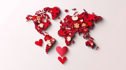 World map design with red flowers and hearts.