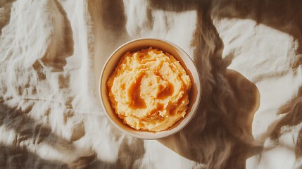 A bowl of mashed sweet potatoes on a textured fabric background