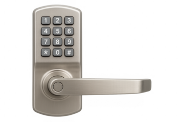 Digital door lock with metallic brushed surface, providing secure keyless entry and sleek contemporary design for modern architectural and interior visualization needs