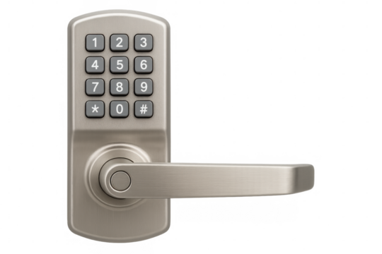 Digital door lock with metallic brushed surface, providing secure keyless entry and sleek contemporary design for modern architectural and interior visualization needs
