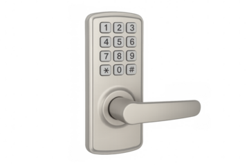 Digital door lock with numeric keypad and lever handle, ensuring secure home entry, set against transparent backdrop