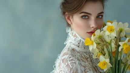 Naklejka premium Beautiful Woman in Elegant Lace Dress Holding a Bouquet of Fresh Yellow and White Daffodils Spring Fashion Portrait Photography Studio Shoot High Resolution Image girl face eyes 