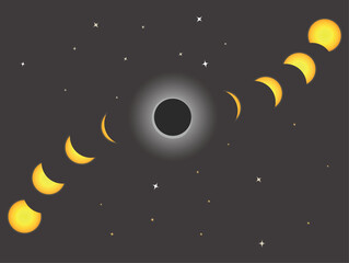 Vector illustration of a solar eclipse, with the moon covering the sun in a dramatic celestial event. Perfect for astronomy themes, mystery visuals, scientific content, or symbolic cosmic alignment