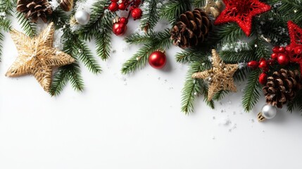 Christmas decorations including pine cones and star ornaments arranged on a clean white background.