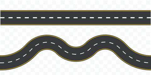 Curved winding road from top view and straight road, winding road and straight road isolated from background, illustration. vector eps 10