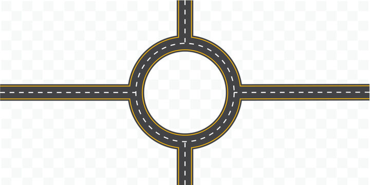 A circular road in the middle with straight arms from four directions from a top view, a circular road isolated from the background, an illustration. vector eps 10