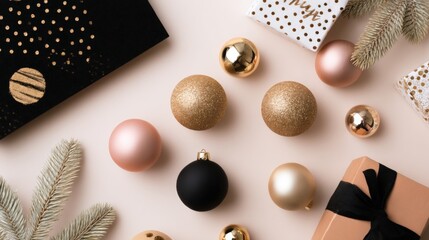Fototapeta premium Close-up of a wooden table with colorful Christmas ornaments and wrapped holiday gifts in warm lighting.