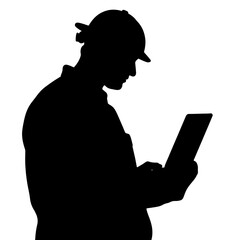 Silhouetted construction worker with hard hat focused on tablet while standing against a plain white background, digital communication concept of engineering or construction services
