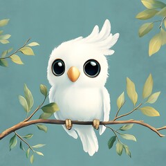 A whimsical white bird perched on a branch.