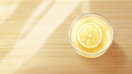 Top View of a Glass with Lemon Slice on Wooden Surface