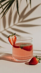 Minimalist strawberry cocktail in stemmed glass with fruit garnish and soft natural palm shadows

