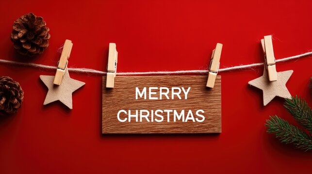 Close-up of a blank white sign hanging on a string with wooden clothespins against a blurred background.