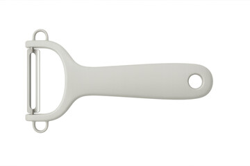 Horizontal close-up studio shot of a white plastic peeler kitchen utensil, isolated on a transparent background