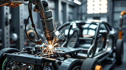 Obraz premium Modern electric car in a high-tech manufacturing facility showcasing advanced technology and robotics in automotive production.