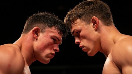Two young male boxers face each other, heads nearly touching, in a boxing match.