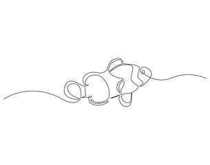 Continuous line drawing of clown fish. Single line illustration of clown fish. Animal ocean life concept. Editable outline