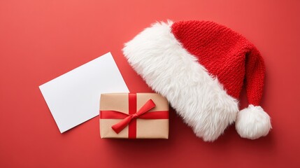 Traditional red santa hat and wrapped gift box on vibrant red background, ideal for festive or cultural themes.