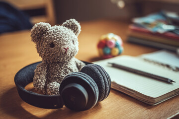 Noise-canceling headphones rest on a wooden desk beside a plush toy, sensory ball, and open notebook, symbolizing focused learning in a calming setup. ai generative
