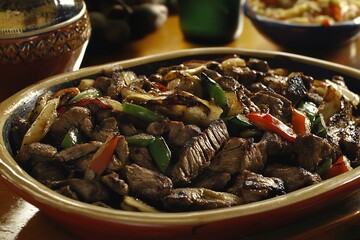 Fototapeta premium Alambres Mexico traditional grilled meat dish high in protein and iron from beef and vegetables shown in authentic setting