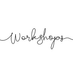 Elegant handwritten "Workshops" text on a minimalist white background, creative concept of graphic design or event planning