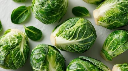 Fototapeta premium Brussels sprouts sitting on a white table with green leafy vegetables
