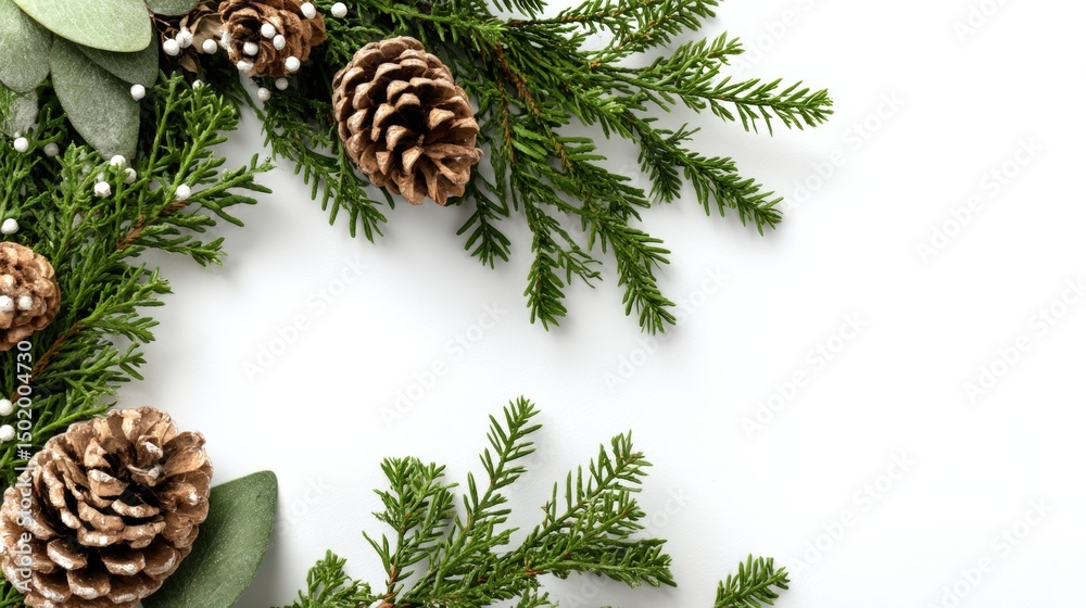 Canvas Prints close-up of a brown pine cone with green evergreen branches and white berries on a blurred backgroun