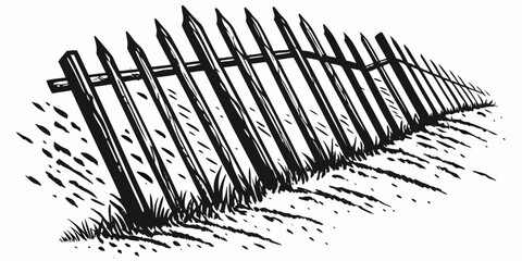 Vector art of Wooden picket fence isolated on transparent background in black and white