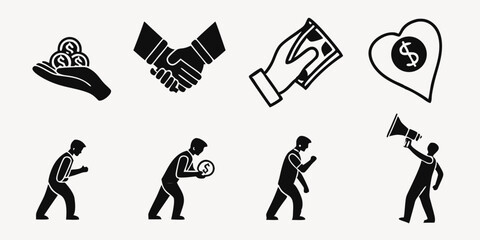 Vector art of Business deal, charity, and communication icons isolated on transparent background