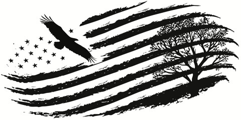 Vector art of American flag with eagle and tree silhouette isolated on transparent background