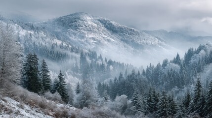 Snow-covered mountains with evergreen trees and a train traveling along tracks in daylight.