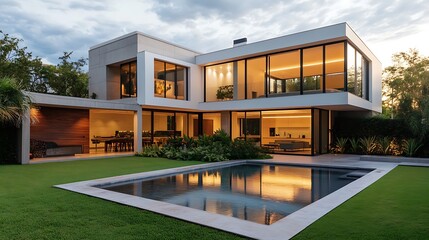 Modern house with a pool and landscaped yard at twilight.