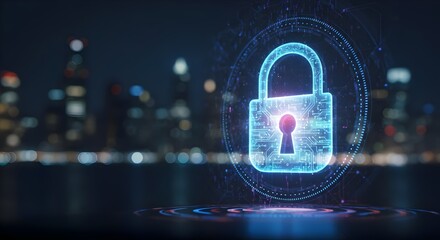 Digital Lock Interface with City View in Background ? Cybersecurity Concept