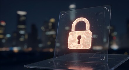 High-Tech Security Icon on Digital HUD Overlay with Urban Background