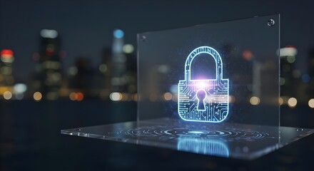 Locked Padlock Symbol on Futuristic Touchscreen Against Blurred Cityscape