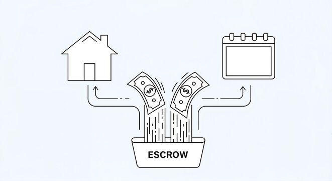 Illustration of escrow process with house, money, and calendar icons